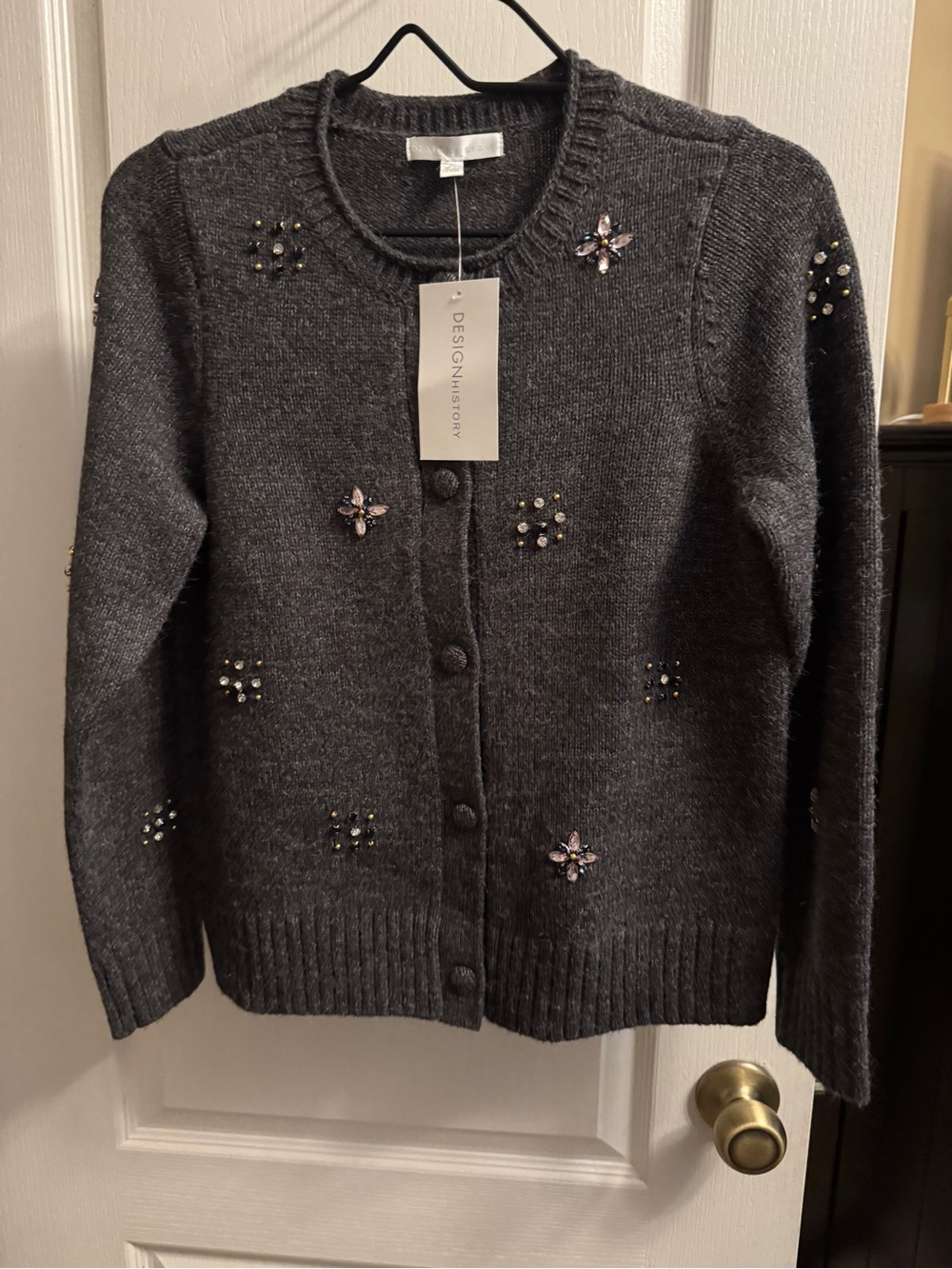 Design History Dark Charcoal Embellished Button-Front Cardigan
